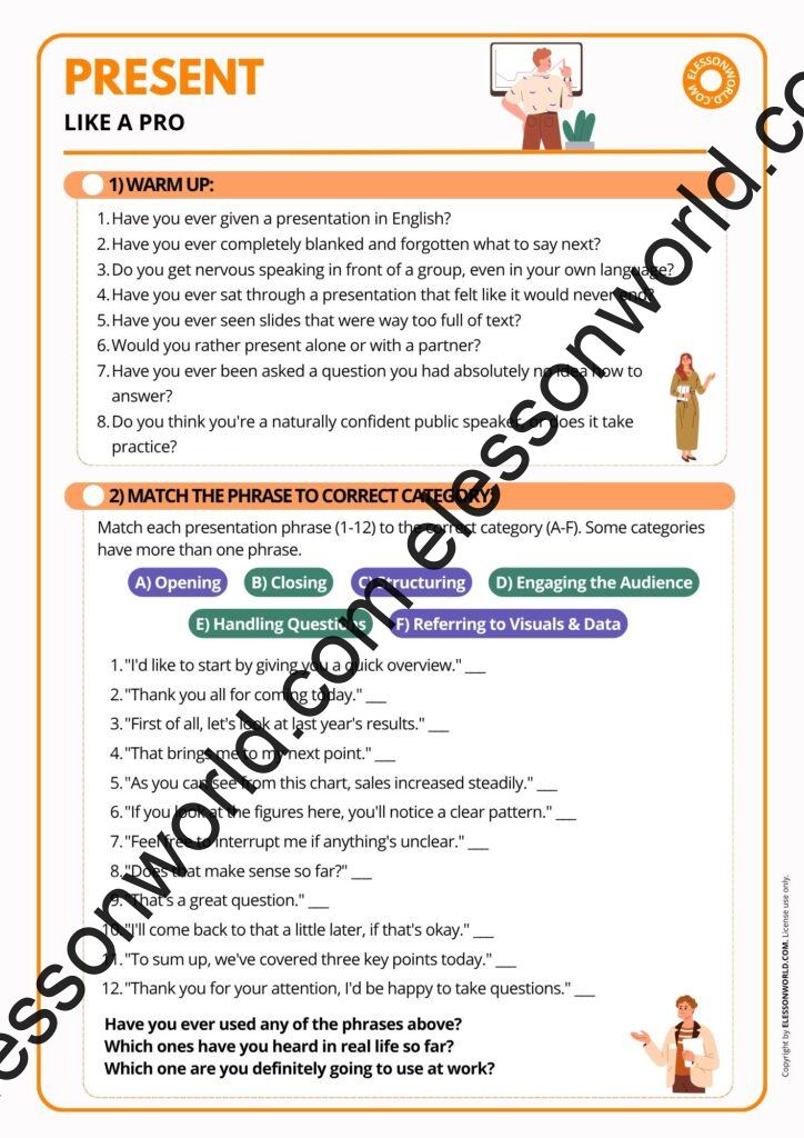 B1-B2 ESL lesson plan teaching students presentation phrases through games and speaking practice