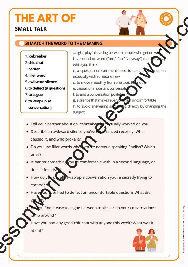 B2–C1 ESL lesson on small talk featuring conversation starters, communication strategies, networking role-plays, and speaking activities.