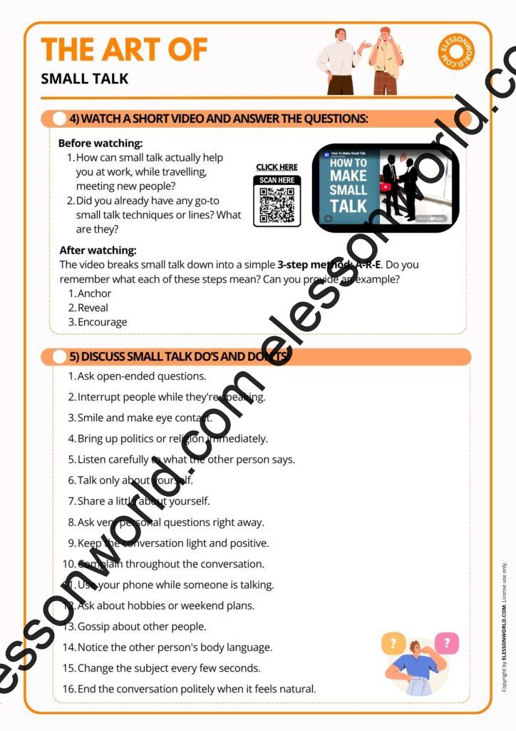 B2–C1 ESL lesson on small talk featuring conversation starters, communication strategies, networking role-plays, and speaking activities.