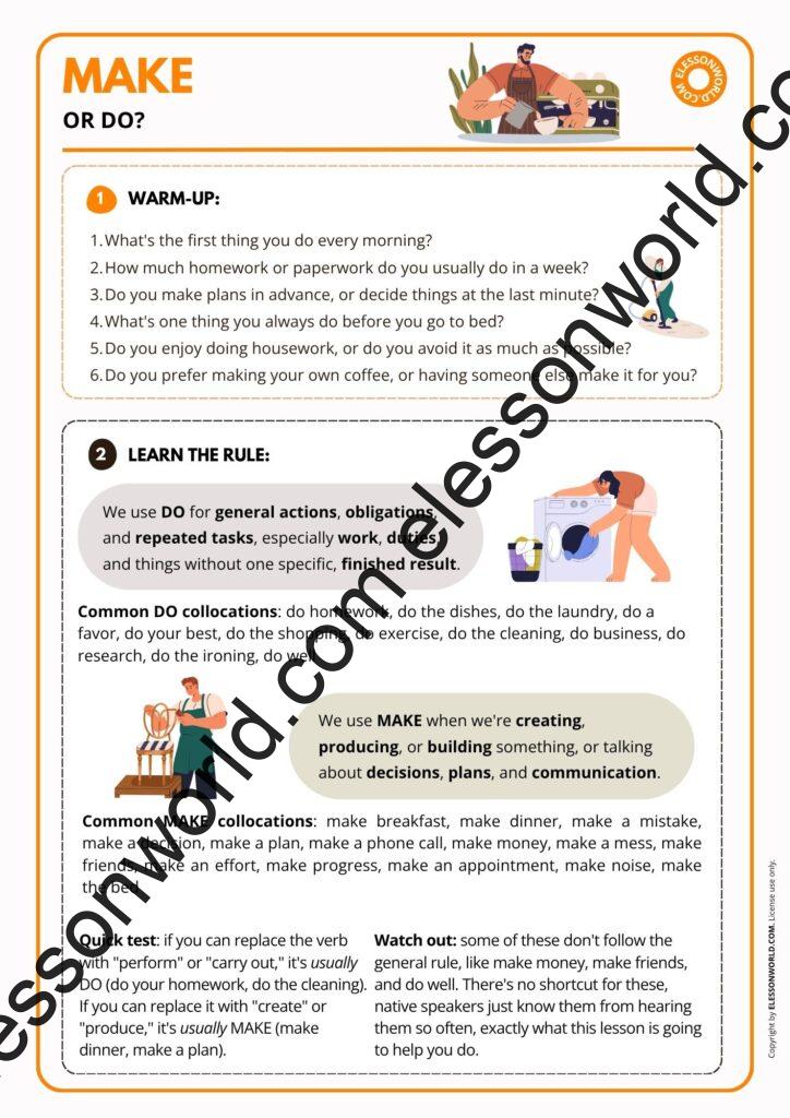 A2-B1 ESL lesson plan teaching make and do collocations through games, video, and speaking practice