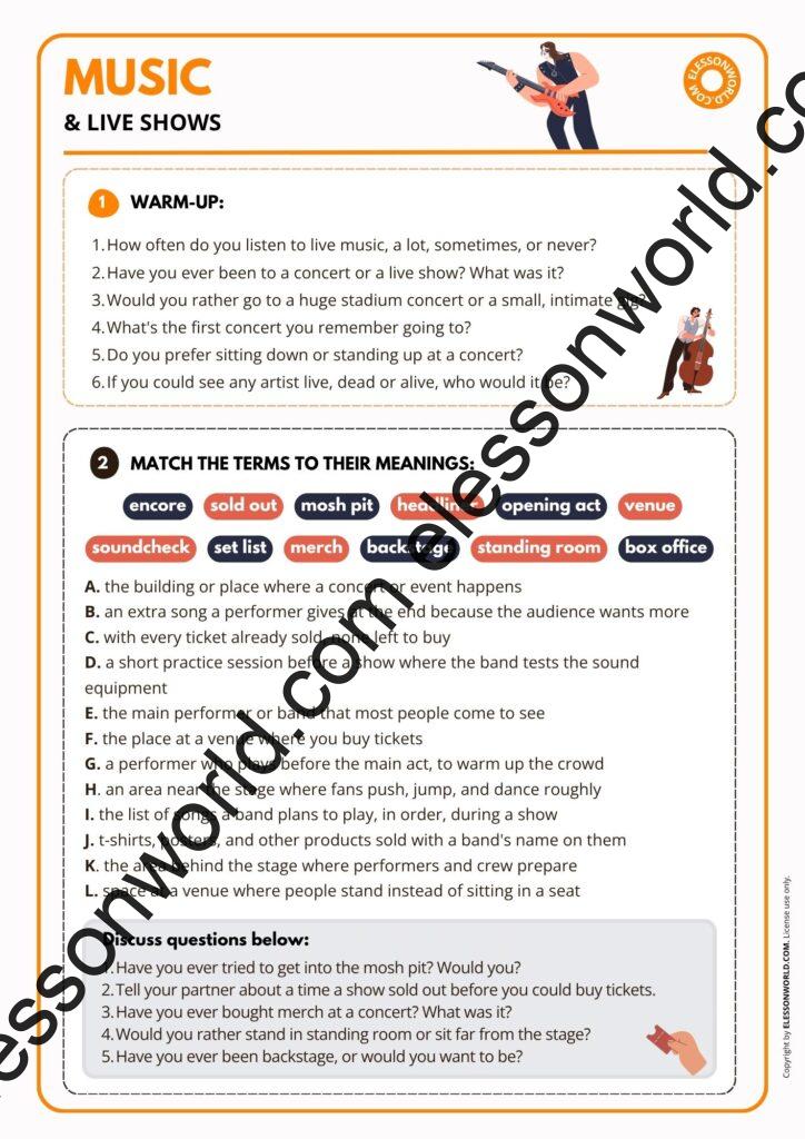 B1-B2 ESL lesson plan teaching music, concerts, and live-show vocabulary through games and speaking practice