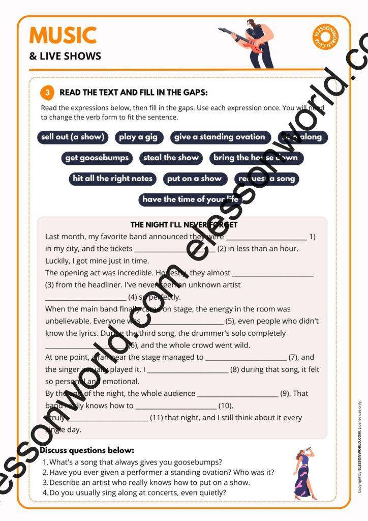 B1-B2 ESL lesson plan teaching music, concerts, and live-show vocabulary through games and speaking practice