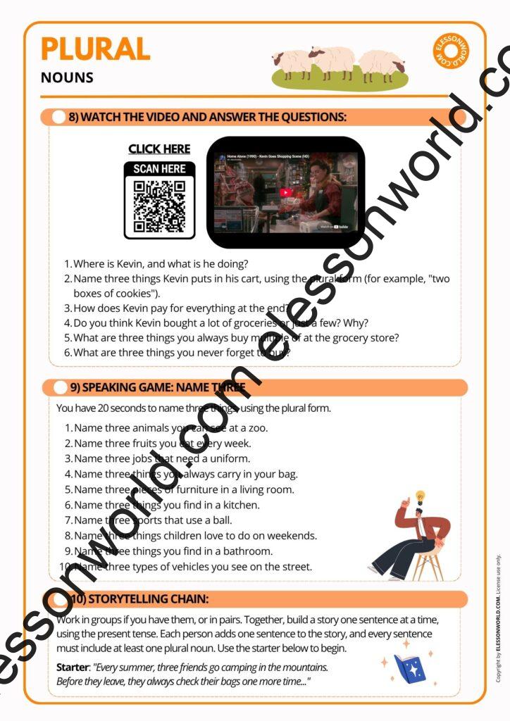 A1-A2 ESL grammar lesson plan teaching regular and irregular plural nouns through games and speaking practice