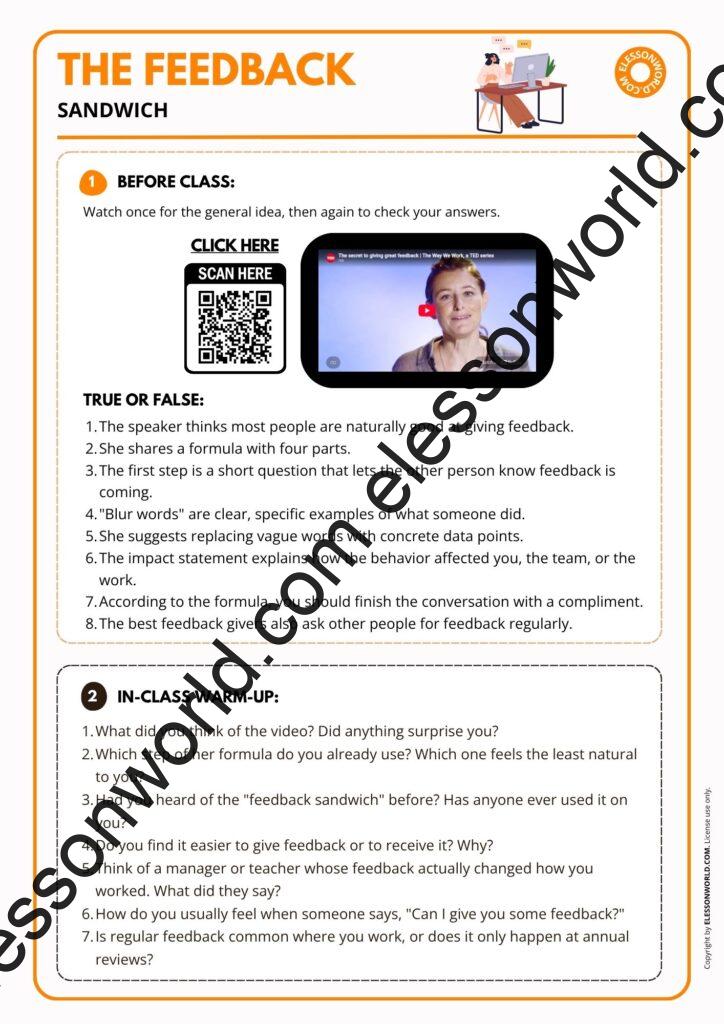 B2-C1 giving feedback ESL lesson plan with a flipped TED talk, HR vocabulary, and a feedback roleplay game