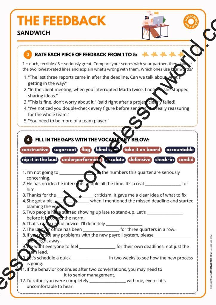 B2-C1 giving feedback ESL lesson plan with a flipped TED talk, HR vocabulary, and a feedback roleplay game
