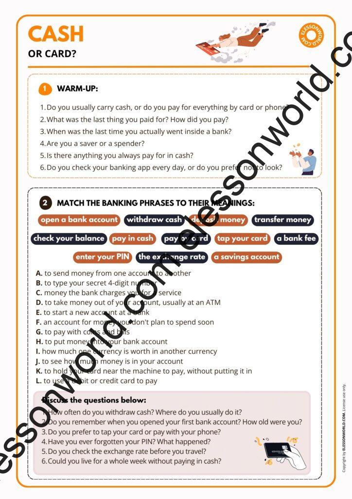 Money and banking ESL lesson plan A2 B1 with everyday money phrases and speaking activities for adults