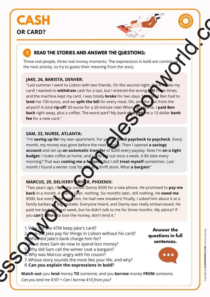 Money and banking ESL lesson plan A2 B1 with everyday money phrases and speaking activities for adults