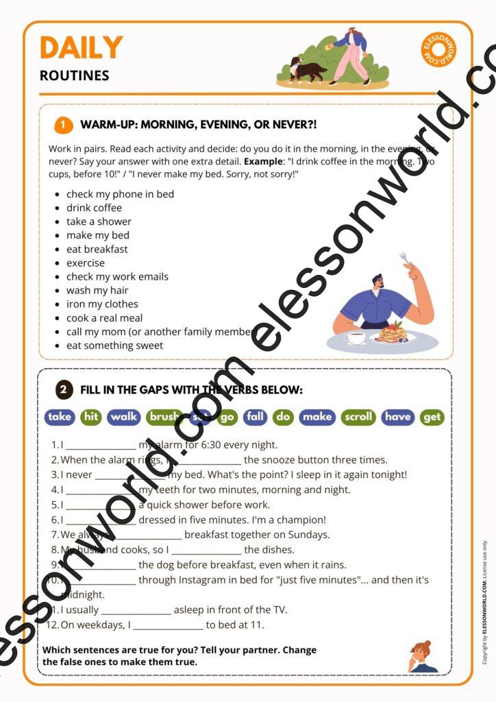 Free A1-A2 daily routines ESL lesson plan for adults with a real vlog, famous routines and speaking activities