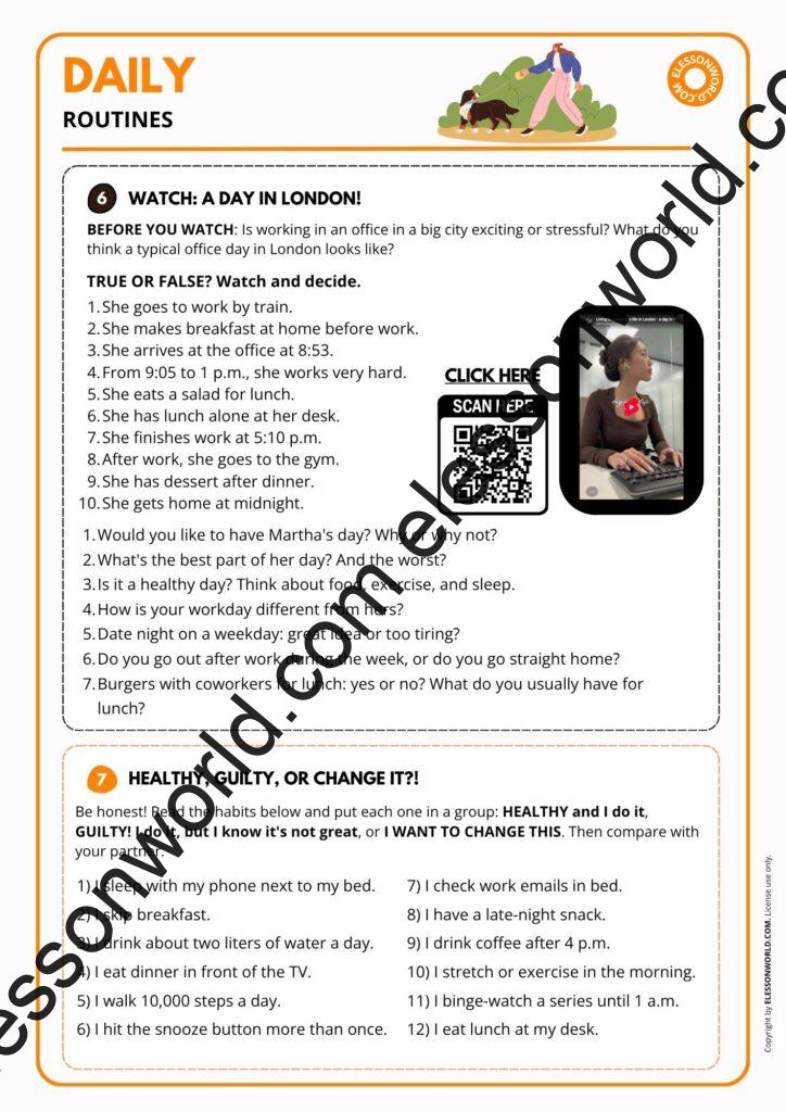 Free A1-A2 daily routines ESL lesson plan for adults with a real vlog, famous routines and speaking activities