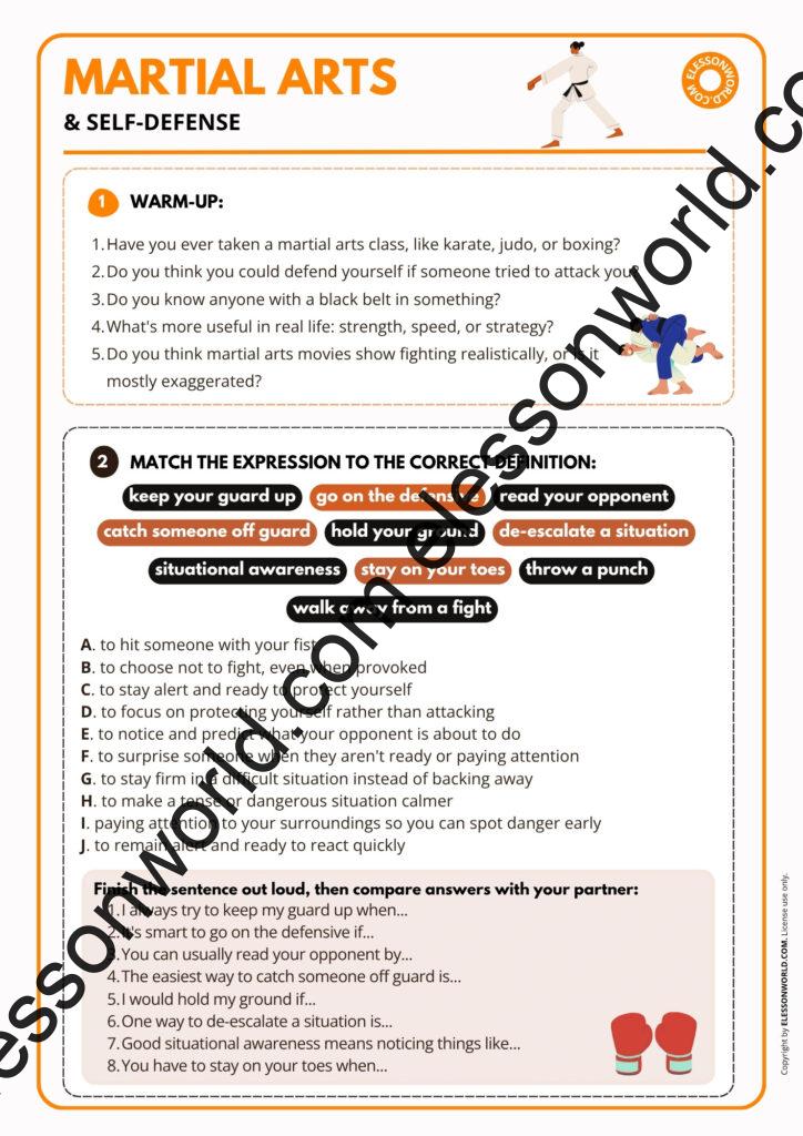 B1-B2 ESL lesson plan teaching martial arts and self-defense vocabulary through games and speaking practice