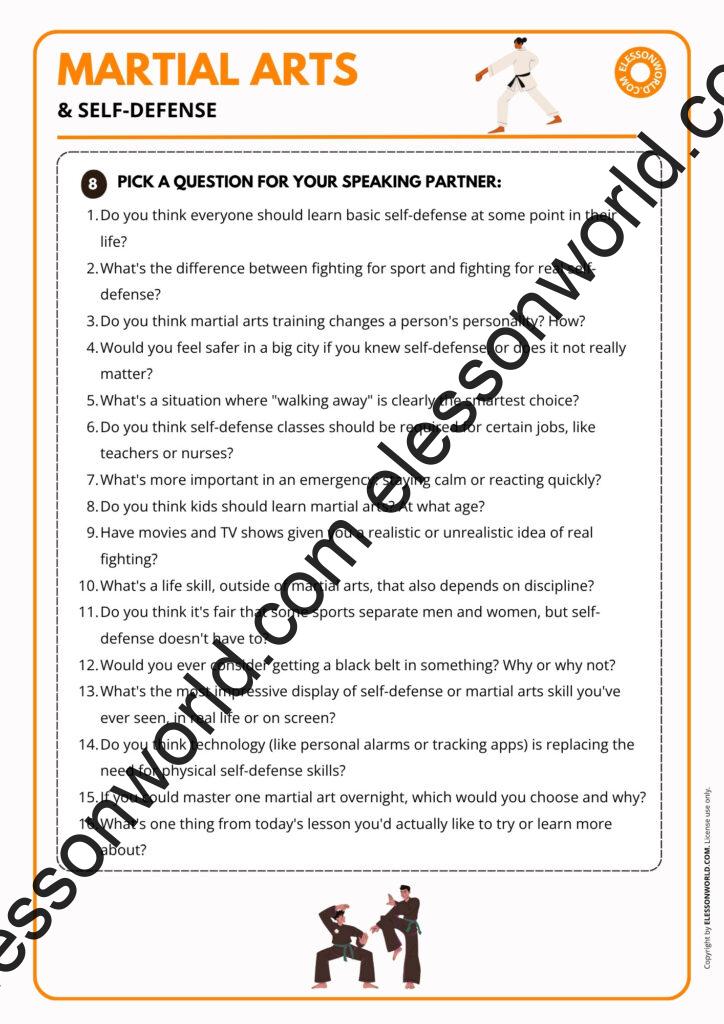 B1-B2 ESL lesson plan teaching martial arts and self-defense vocabulary through games and speaking practice