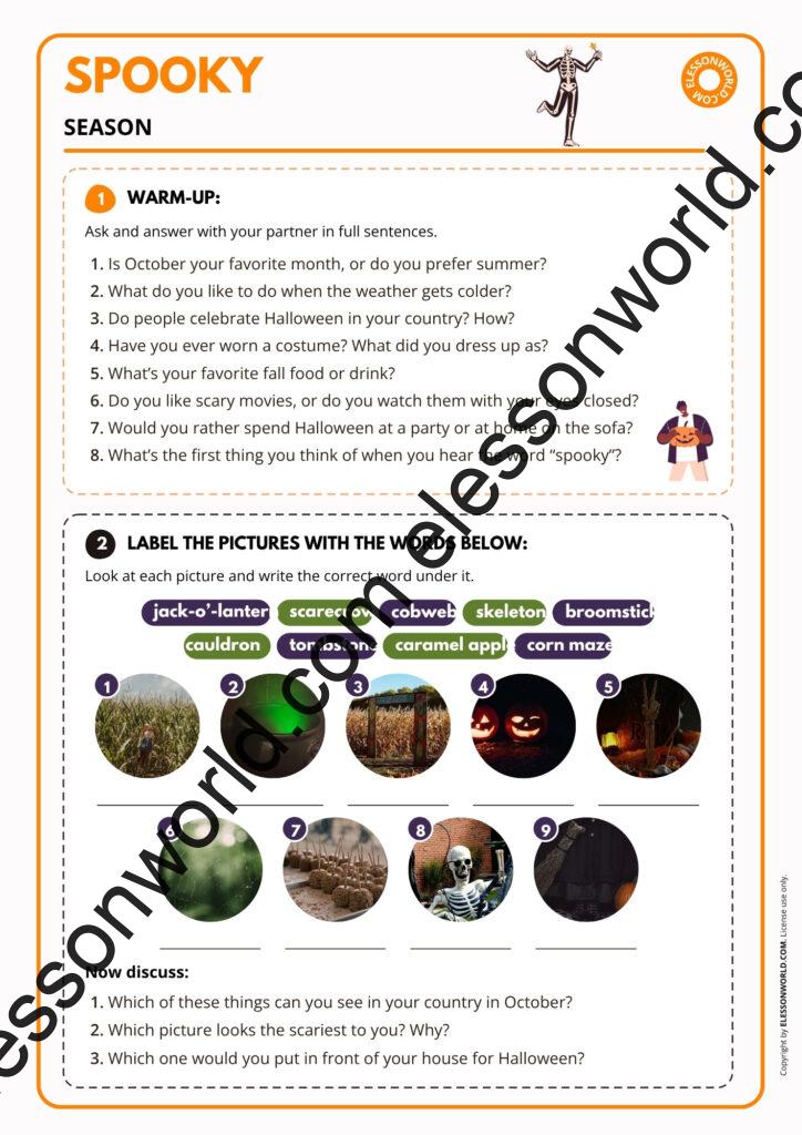 Free Halloween ESL lesson plan A2-B1 with spooky season vocabulary, games and speaking activities for adults