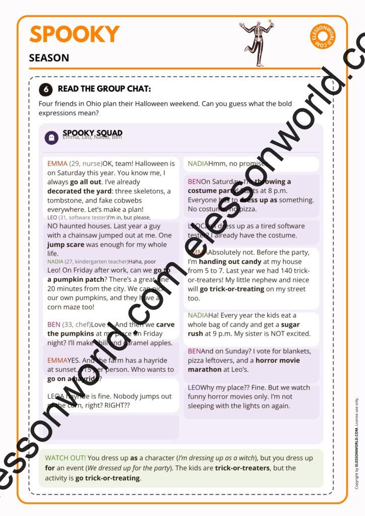 Free Halloween ESL lesson plan A2-B1 with spooky season vocabulary, games and speaking activities for adults