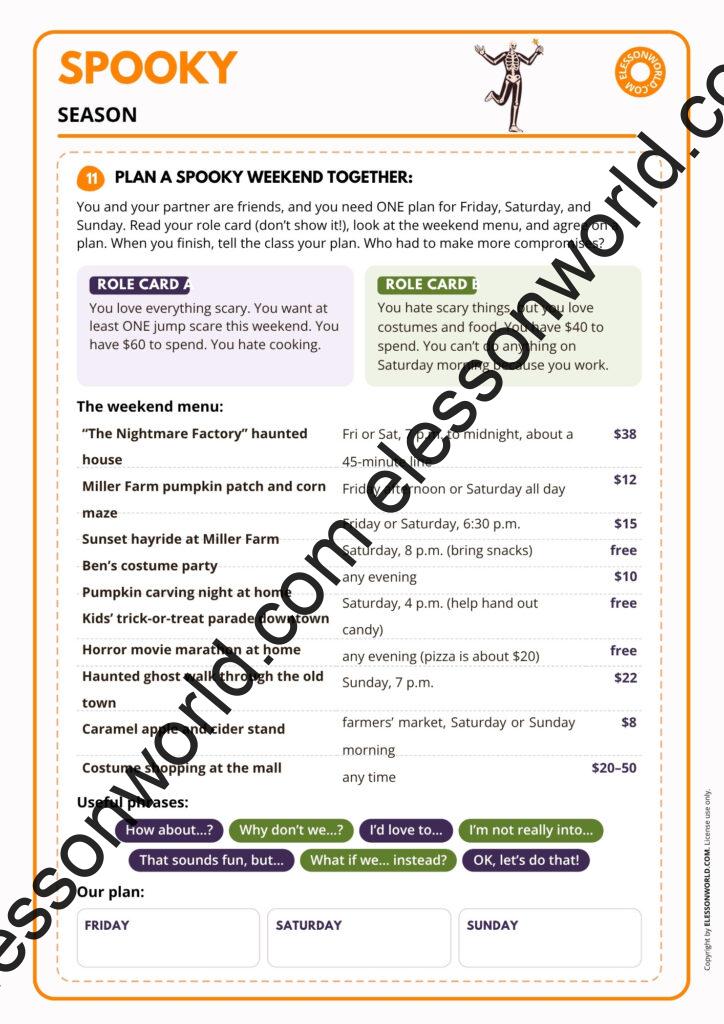 Free Halloween ESL lesson plan A2-B1 with spooky season vocabulary, games and speaking activities for adults